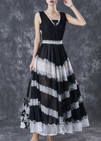 Black Exra Large Hem Patchwork Lace Linen Silk Pleated Dresses Sleeveless