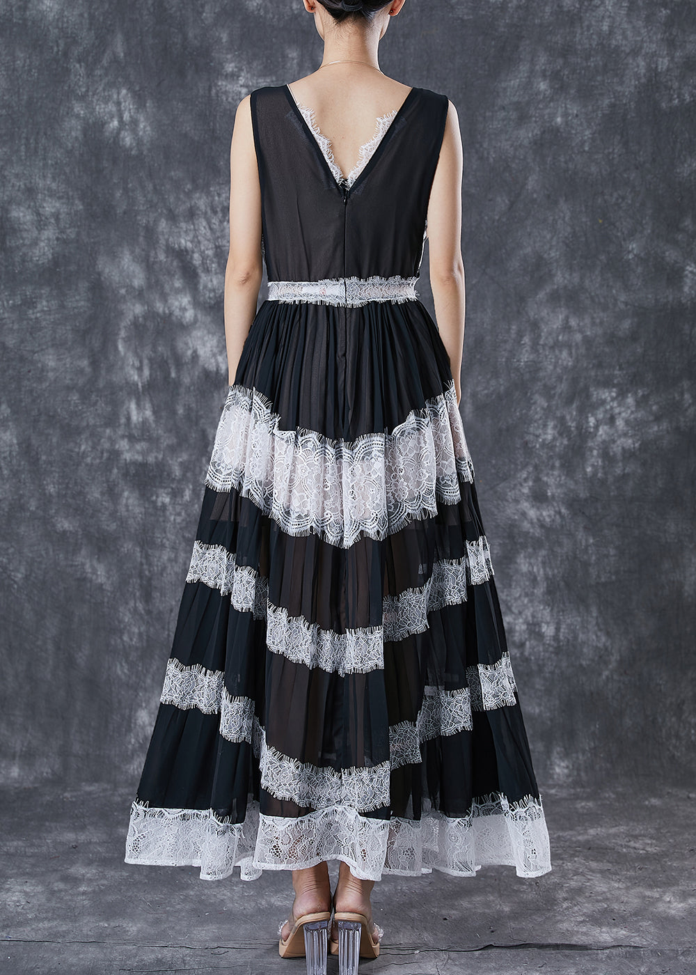 Black Exra Large Hem Patchwork Lace Linen Silk Pleated Dresses Sleeveless