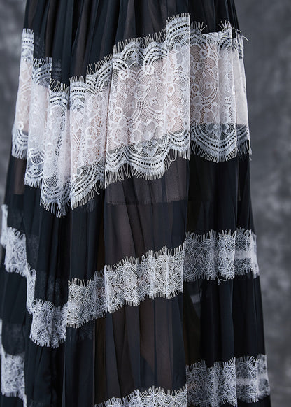 Black Exra Large Hem Patchwork Lace Linen Silk Pleated Dresses Sleeveless