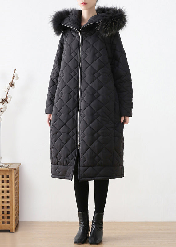 Black Fur Collar Zippered Thick Hooded Parka Winter