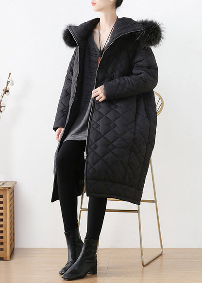 Black Fur Collar Zippered Thick Hooded Parka Winter