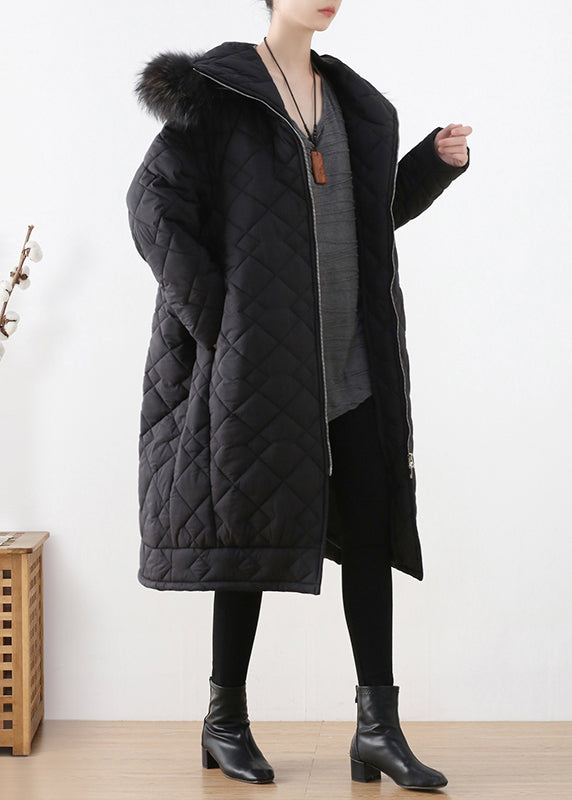 Black Fur Collar Zippered Thick Hooded Parka Winter