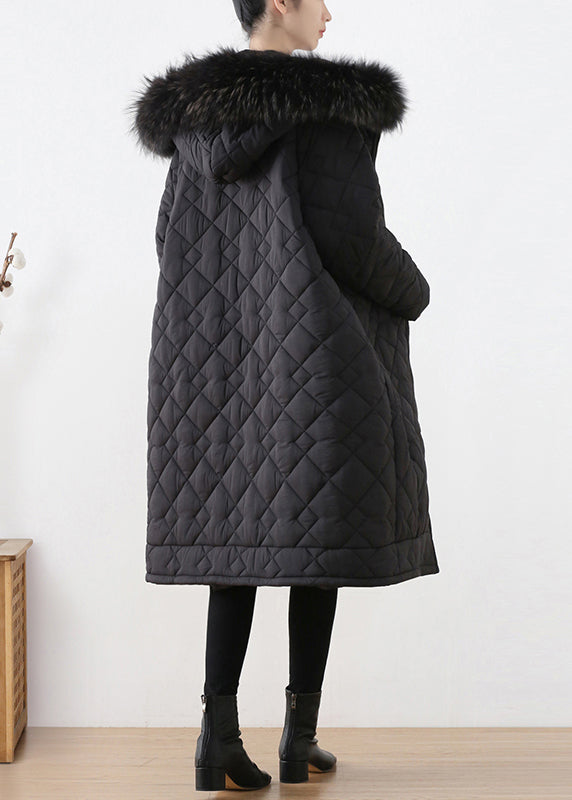 Black Fur Collar Zippered Thick Hooded Parka Winter