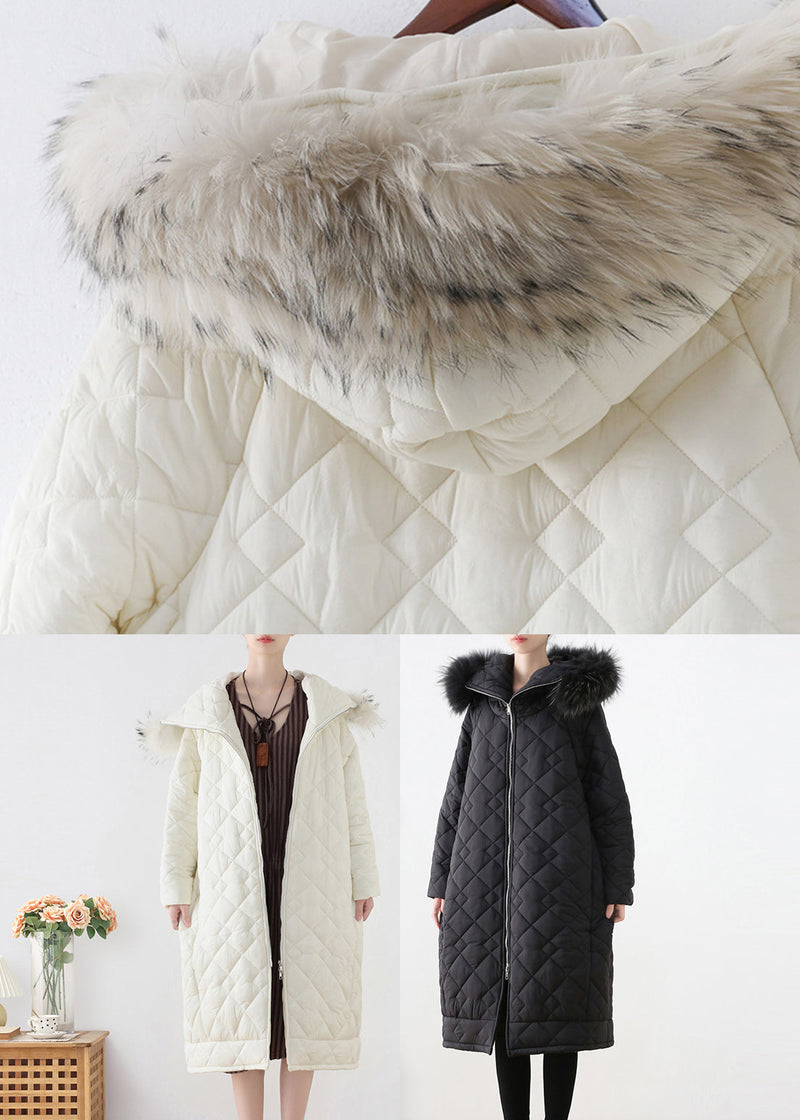 Black Fur Collar Zippered Thick Hooded Parka Winter