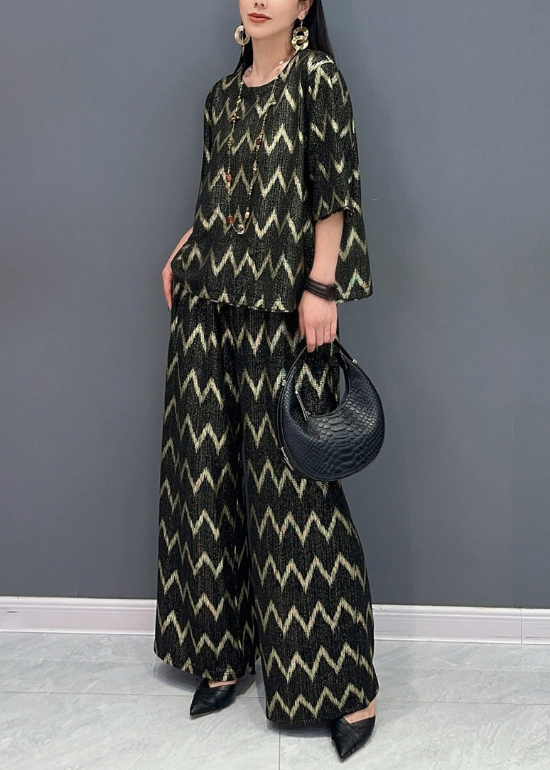 Black Gold O-neck Print and Wide Leg Pants T Shirt Two Pieces Set Short Sleeve