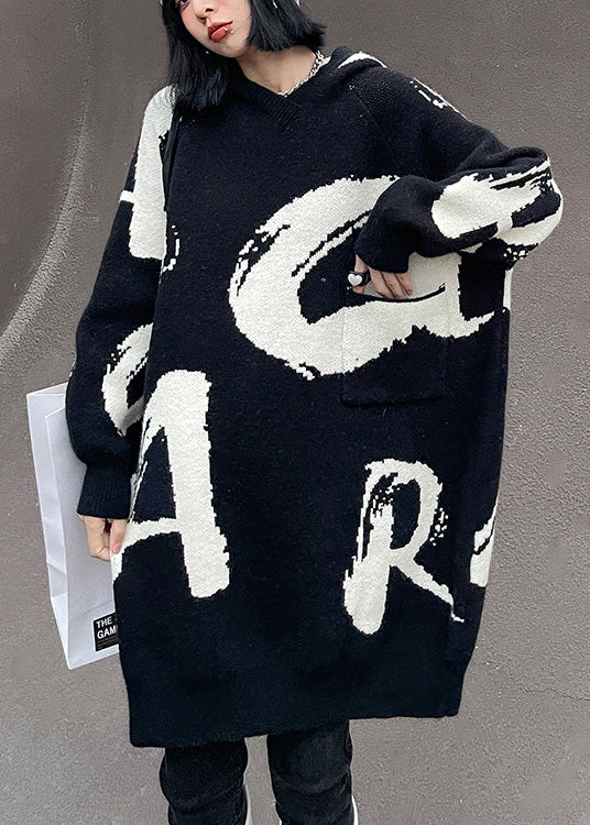 Black Graphic Thick Hooded Knit Cotton Sweaters Winter