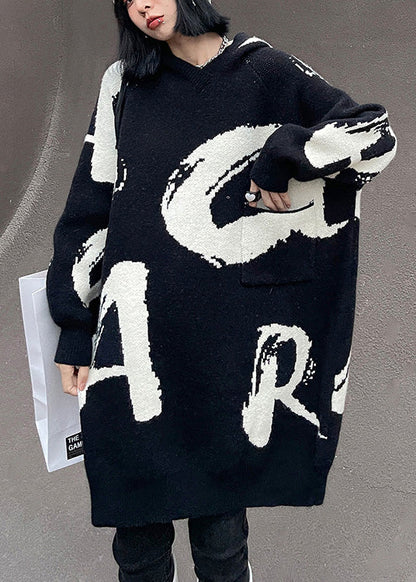 Black Graphic Thick Hooded Knit Cotton Sweaters Winter