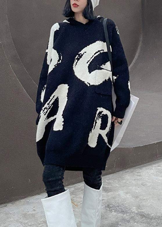 Black Graphic Thick Hooded Knit Cotton Sweaters Winter