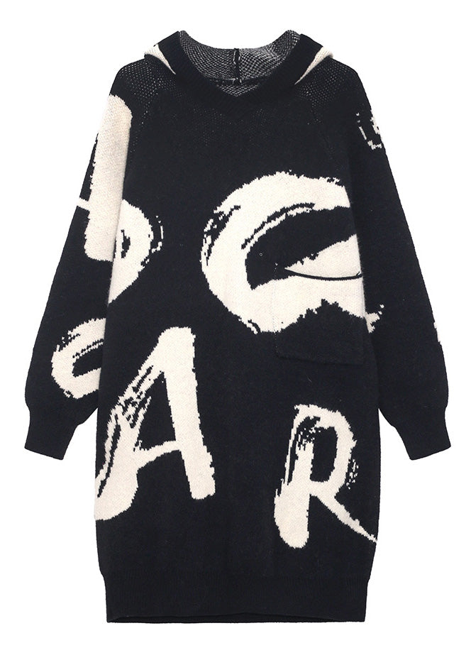 Black Graphic Thick Hooded Knit Cotton Sweaters Winter