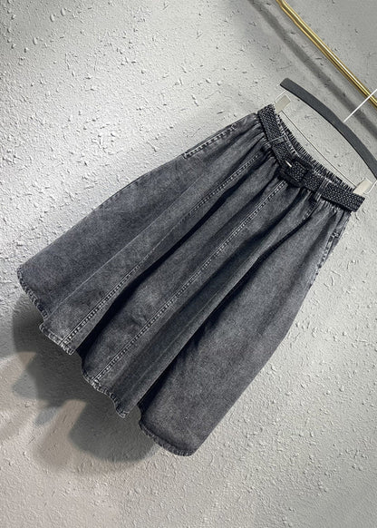 Black Gray Elastic Waist Pleated Pocket Denim Skirt Autumn