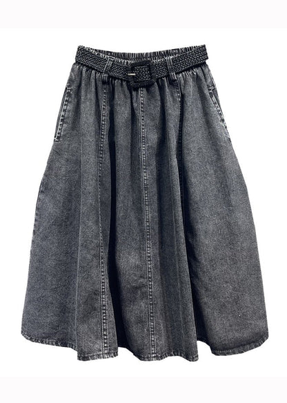 Black Gray Elastic Waist Pleated Pocket Denim Skirt Autumn