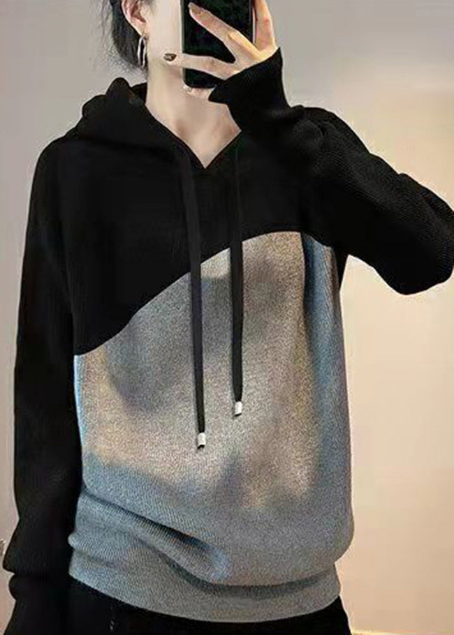 Black Grey Drawstring Hooded Patchwork Knit Sweatshirts Top Spring