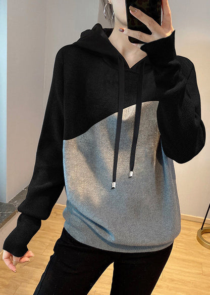 Black Grey Drawstring Hooded Patchwork Knit Sweatshirts Top Spring