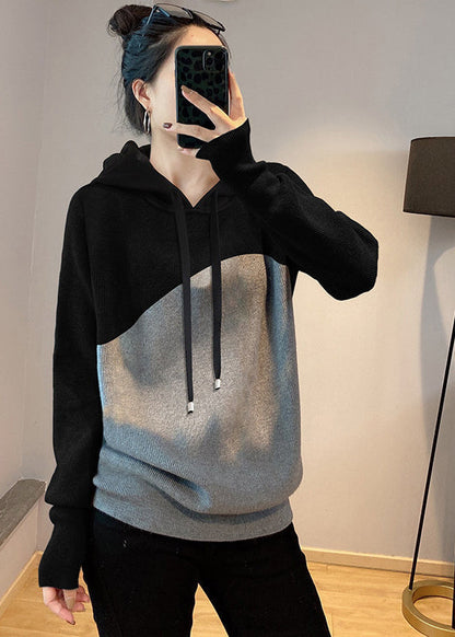 Black Grey Drawstring Hooded Patchwork Knit Sweatshirts Top Spring