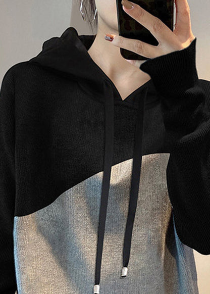 Black Grey Drawstring Hooded Patchwork Knit Sweatshirts Top Spring