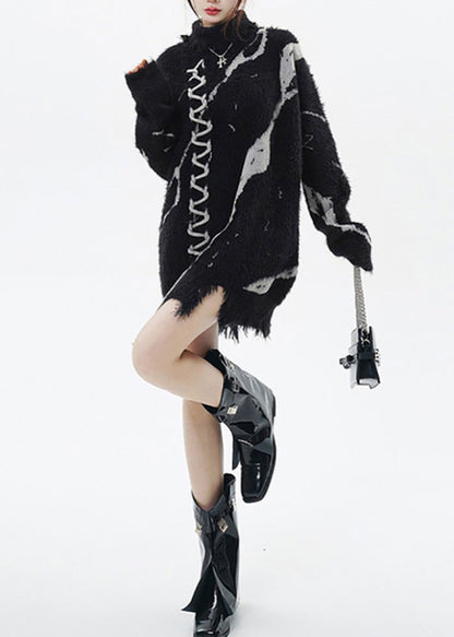 Black High Neck Print Ripped Long Sweater Winter