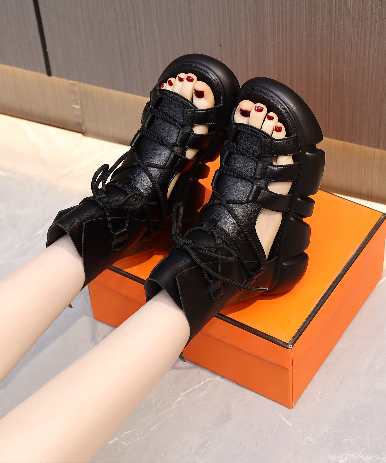 Black Hollow Out Peep Toe Lace Up Platform Sandals