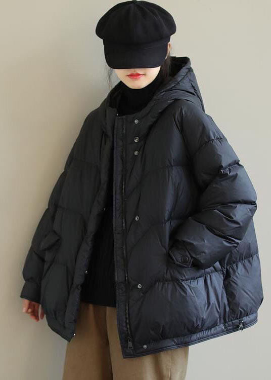Black Hooded Drawstring Duck Down Puffer Jacket Winter