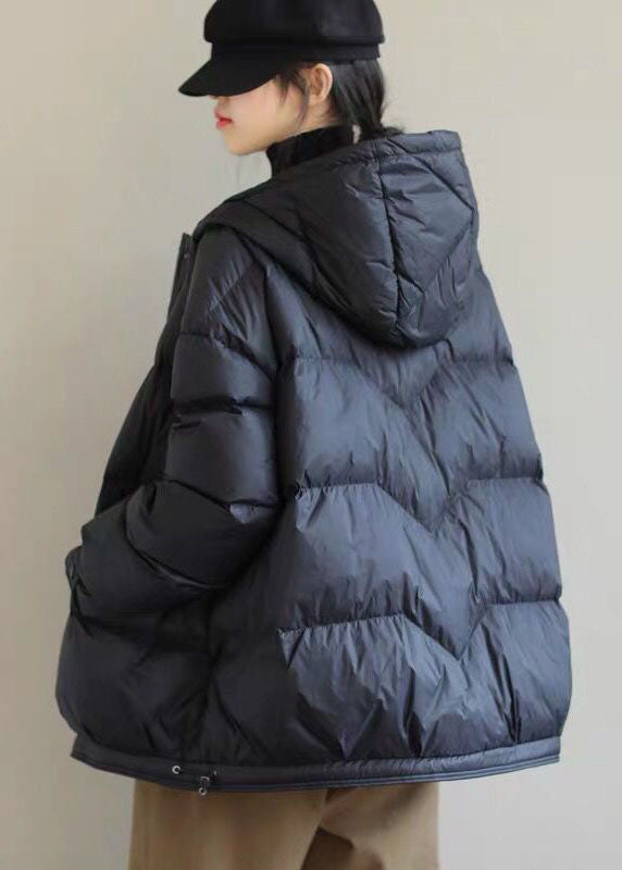 Black Hooded Drawstring Duck Down Puffer Jacket Winter