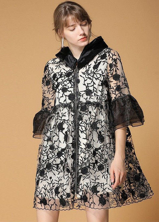 Black Hooded Embroideried Patchwork Organza Coats Half Sleeve
