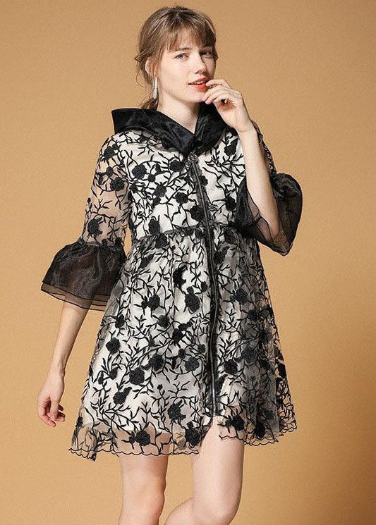Black Hooded Embroideried Patchwork Organza Coats Half Sleeve