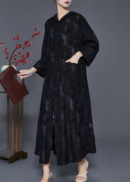 Black Hooded Jacquard Lace Robe Dresses Spring