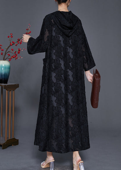 Black Hooded Jacquard Lace Robe Dresses Spring
