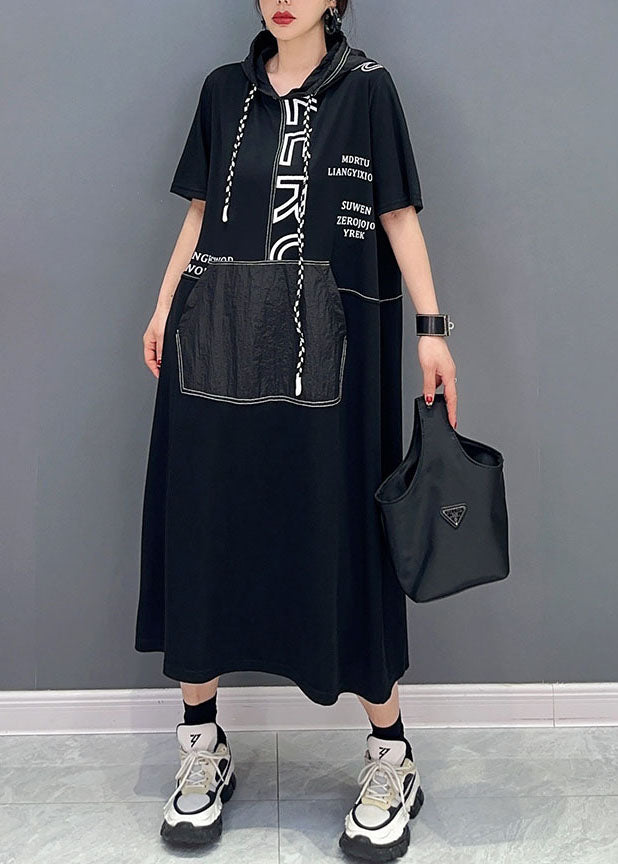Black Hooded Letter Pockets Patchwork Cotton Dress Summer