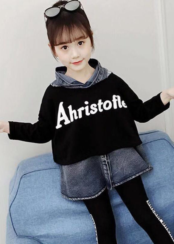 Black Hooded Patchwork Denim Baby Top Fall