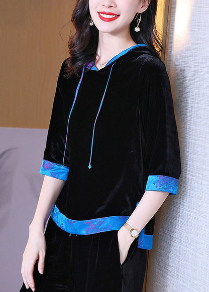 Black Hooded Patchwork Silk Velour Pullover Sweatshirt Half Sleeve