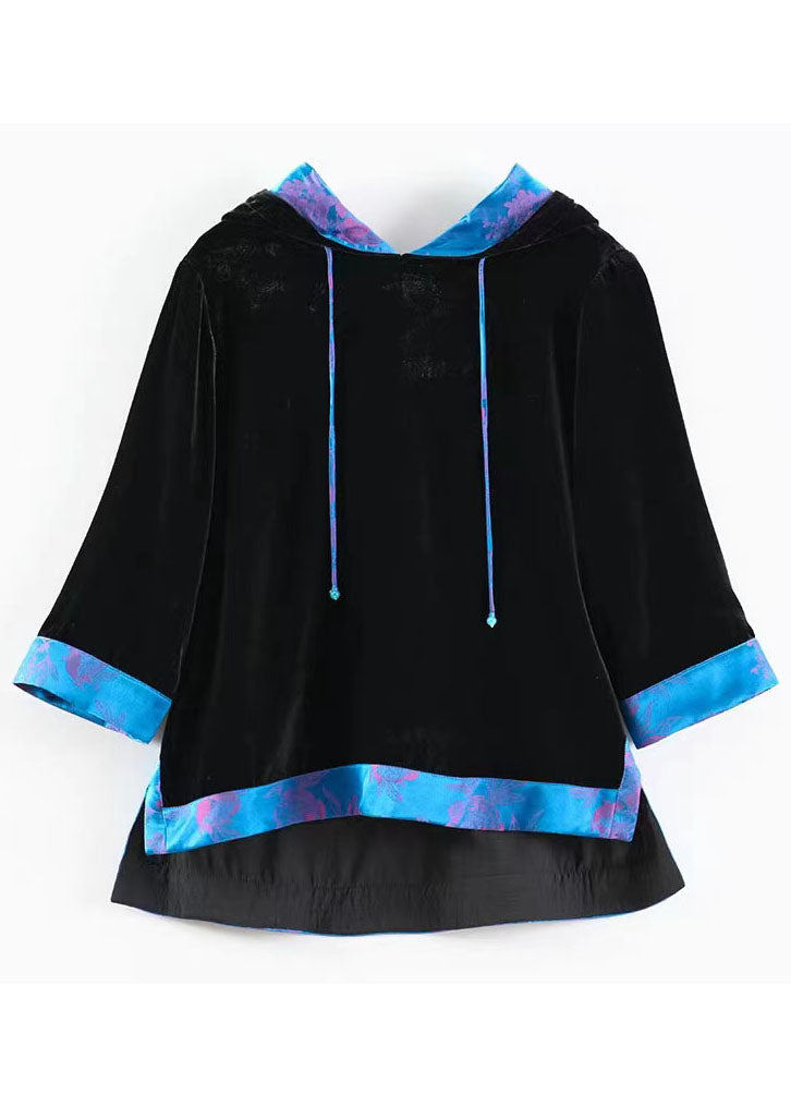 Black Hooded Patchwork Silk Velour Pullover Sweatshirt Half Sleeve