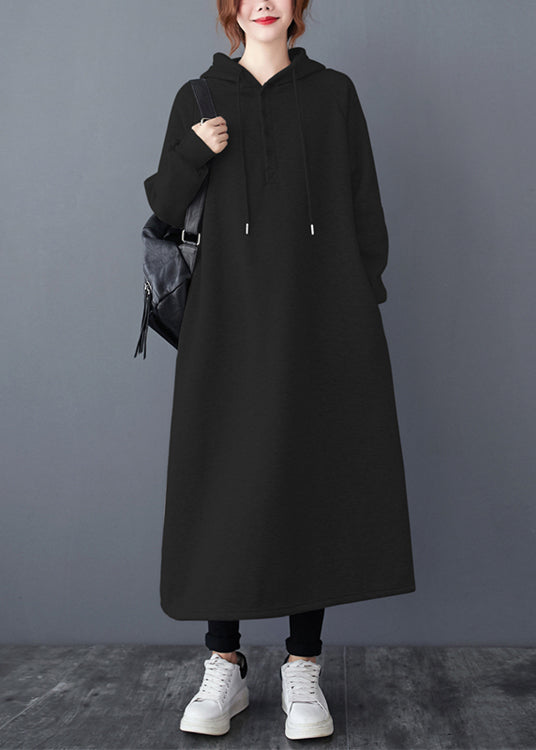 Black Hooded Patchwork Warm Fleece Long Dresses Winter