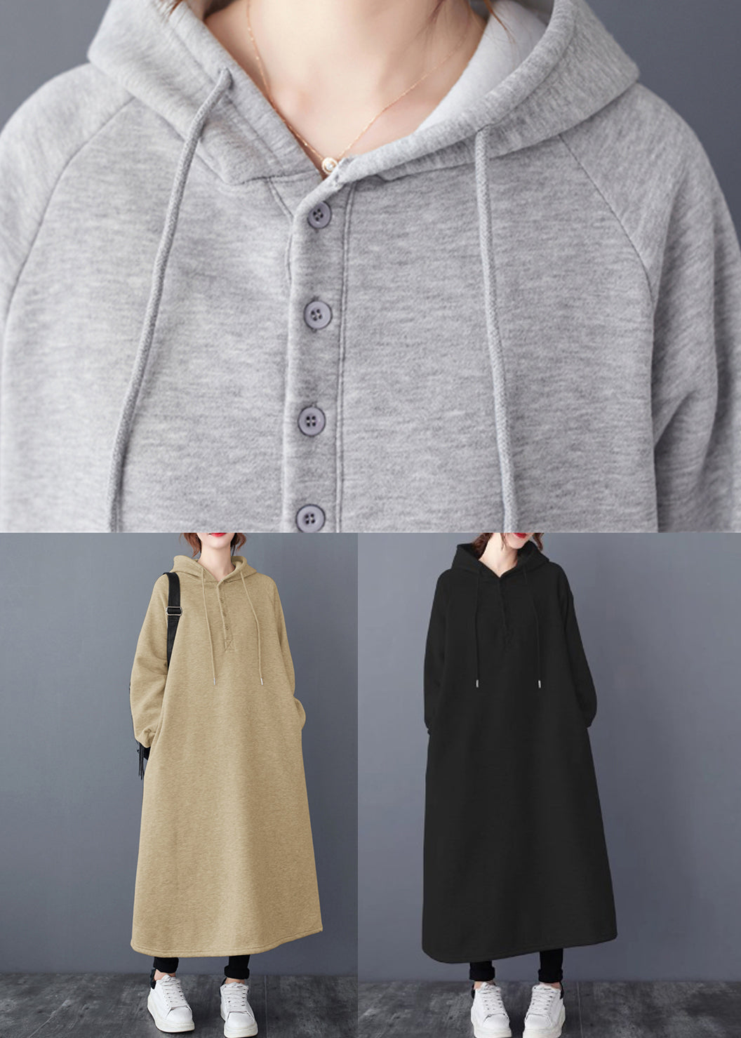 Black Hooded Patchwork Warm Fleece Long Dresses Winter
