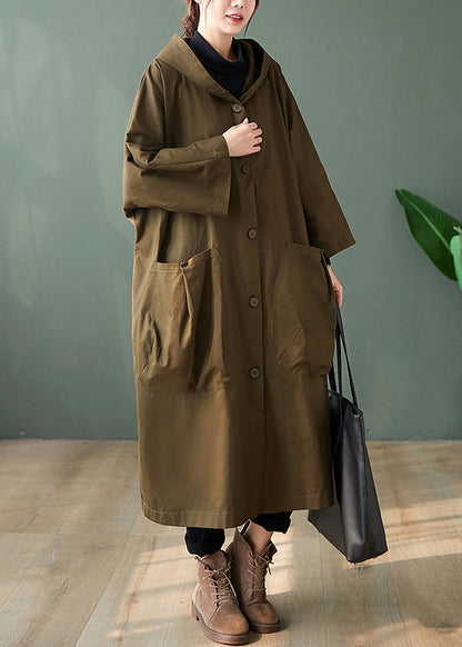 Black Hooded Pockets Patchwork Cotton Long Trench Coats Long Sleeve