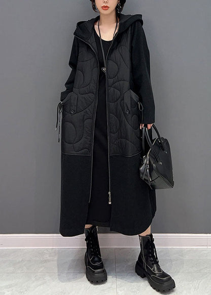 Black Hooded Pockets Patchwork Fine Cotton Filled Witner Coats