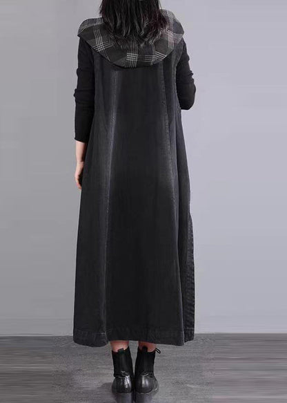 Black Hooded Pockets Patchwork Long Denim Vest Sleeveless