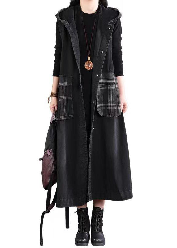 Black Hooded Pockets Patchwork Long Denim Vest Sleeveless