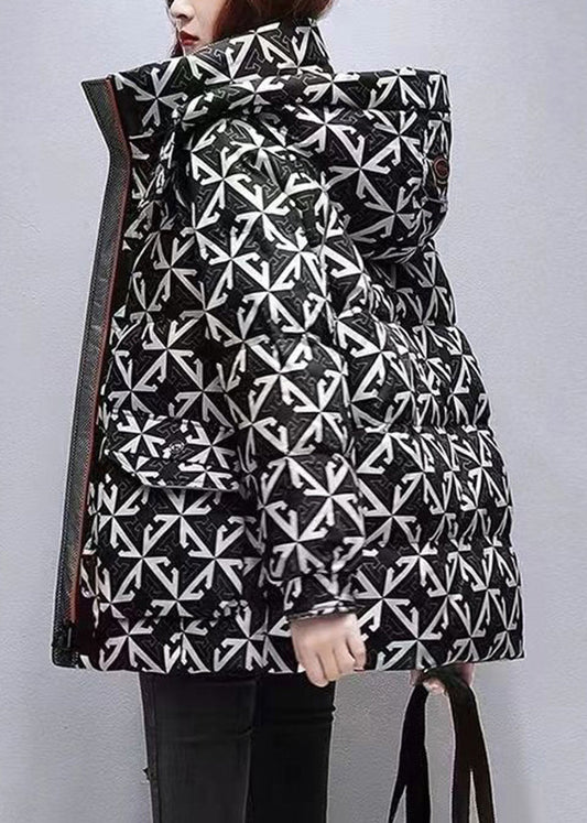 Black Hooded Print Fine Cotton Filled Coats Winter