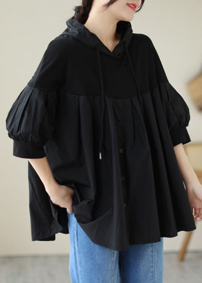 Black Hooded Wrinkled Patchwork Cotton T Shirt Top Summer