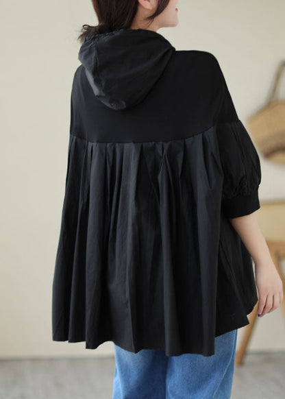 Black Hooded Wrinkled Patchwork Cotton T Shirt Top Summer
