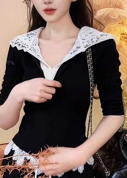 Black Lace Patchwork Hooded Sweatshirt and Straight Pants Two Pieces Set Long Sleeve