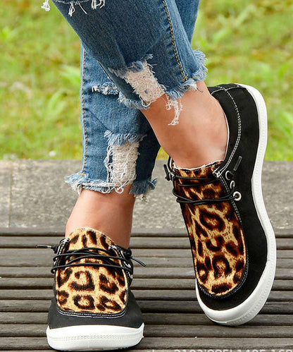 Black Leopard Print Flat Feet Shoes Splicing Lace Up Flat Feet Shoes