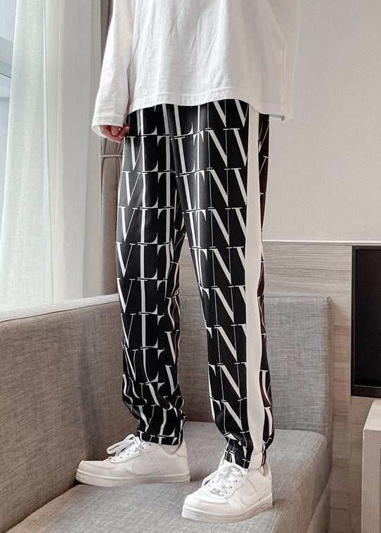Black Letter Elastic Waist Crop Pants Summer