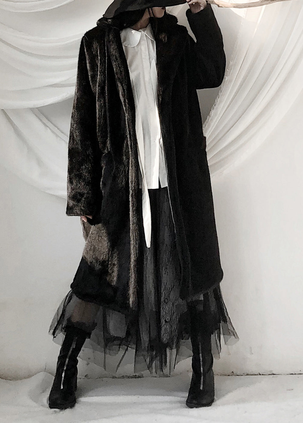 Black Notched Rabbit Hair Thick Maxi Trench Coats Fall