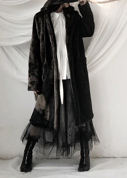 Black Notched Rabbit Hair Thick Maxi Trench Coats Fall