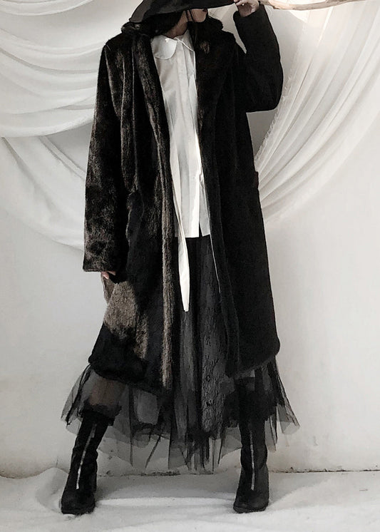 Black Notched Rabbit Hair Thick Maxi Trench Coats Fall