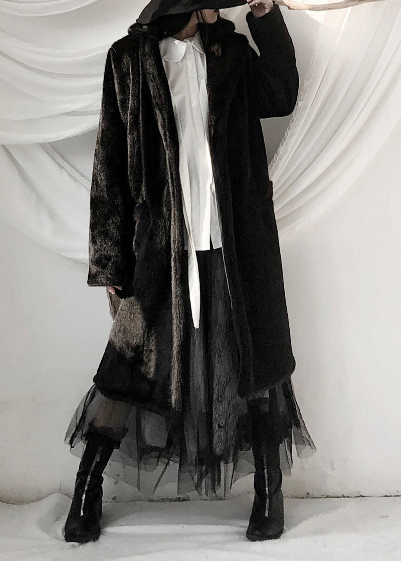 Black Notched Rabbit Hair Thick Maxi Trench Coats Fall