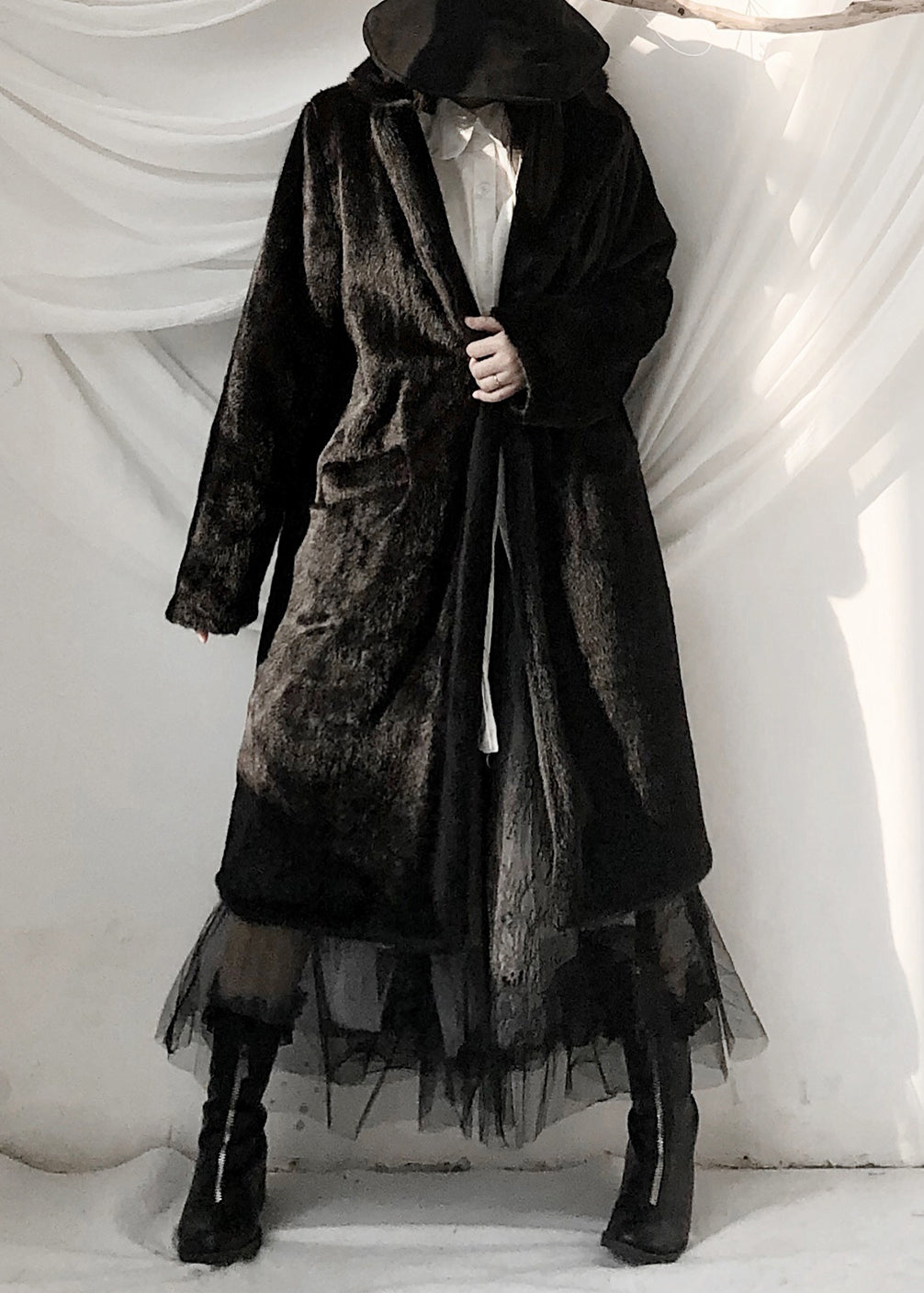 Black Notched Rabbit Hair Thick Maxi Trench Coats Fall