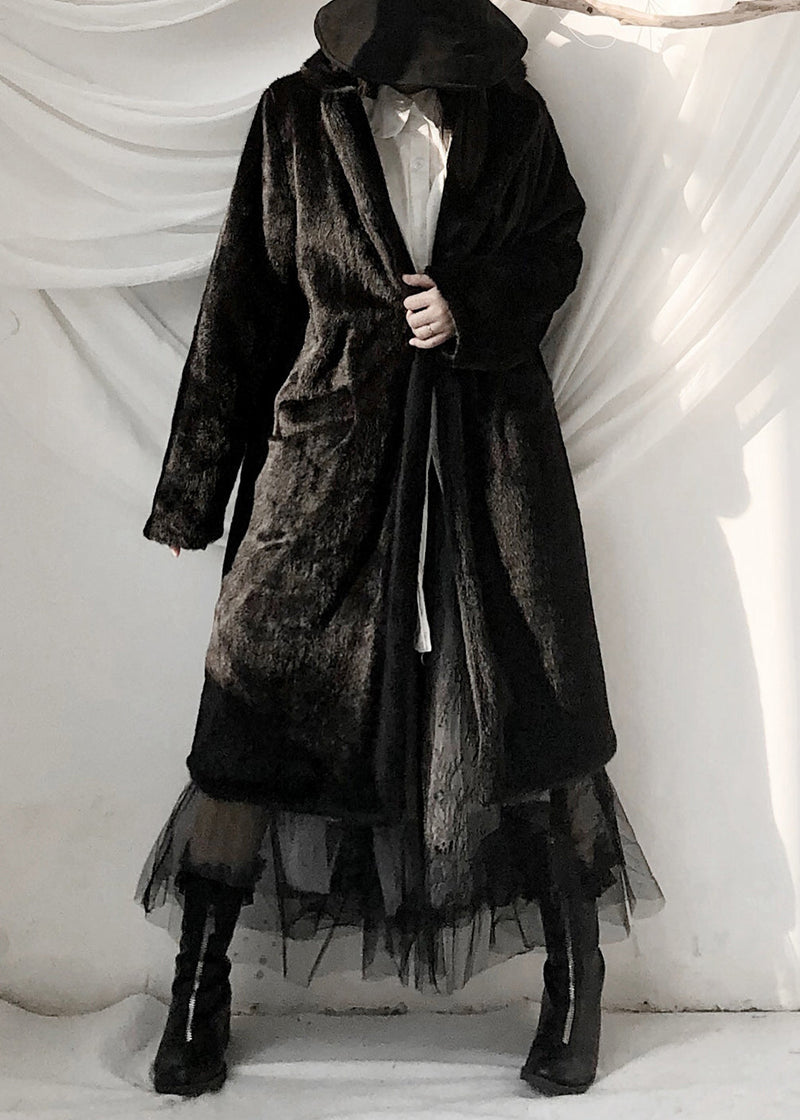 Black Notched Rabbit Hair Thick Maxi Trench Coats Fall