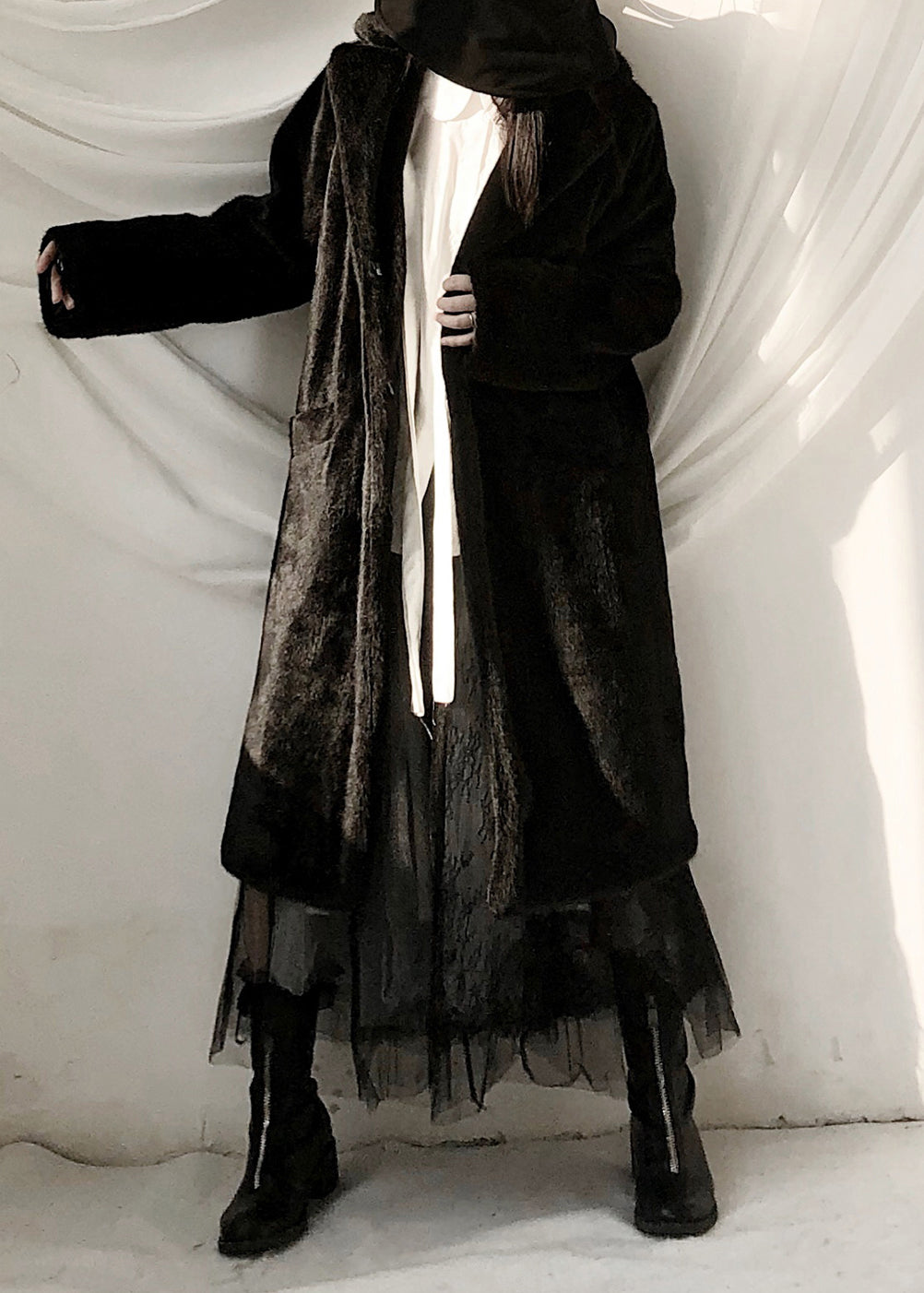 Black Notched Rabbit Hair Thick Maxi Trench Coats Fall